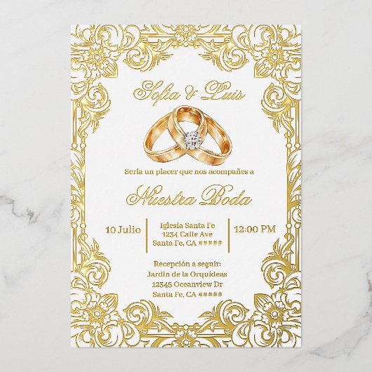 Invitation En Aluminium gold foil with frame Spanish wedding  (Recto)