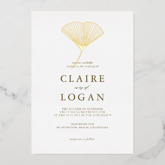 Invitation En Aluminium Gold Ginkgo Leaf mariage élégant (Recto)