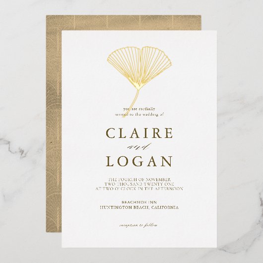 Invitation En Aluminium Gold Ginkgo Leaf mariage élégant (Recto/Verso)