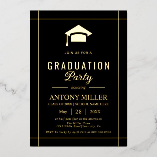 Invitation En Aluminium Gold graduation cap Class Of 2026 black (Recto)