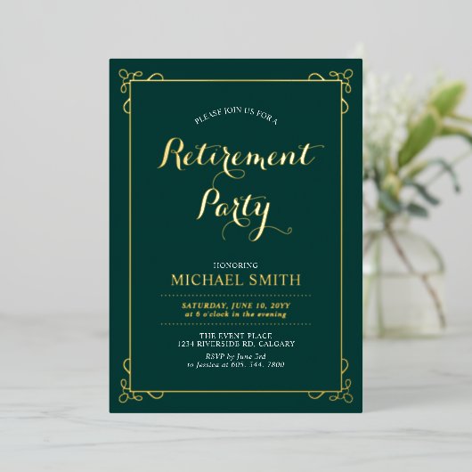 Invitation En Aluminium Gold & Green Elegant Classy Retraite Party (Debout devant)