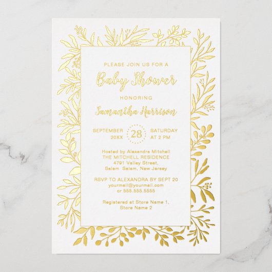 Invitation En Aluminium Gold Green Foliage Genre Baby shower neutre (Recto)