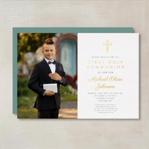 Invitation En Aluminium Gold Green Script Boy Photo First Communion