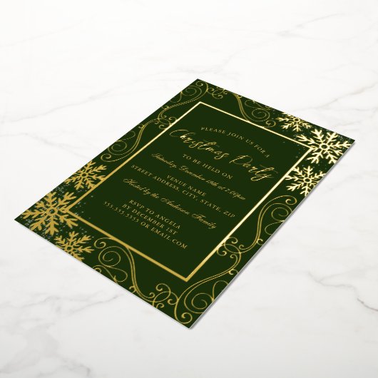 Invitation En Aluminium Gold Green Swirl Snowflake Frame de Noël