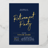Invitation En Aluminium Gold & Marine Moderne Brosse Script Retraite Party (Recto)