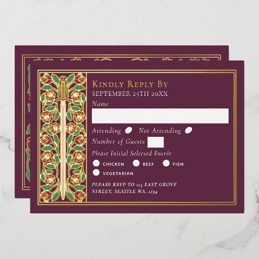 Invitation En Aluminium Gold Mauve Medieval Floral Sword Wedding RSVP (Recto/Verso)