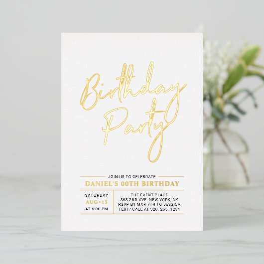 Invitation En Aluminium Gold Modern Brush Script pour adultes fête d'anniv (Debout devant)