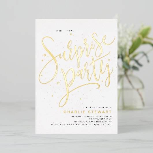 Invitation En Aluminium Gold Modern Script N'importe quel âge Surprise fêt (Debout devant)