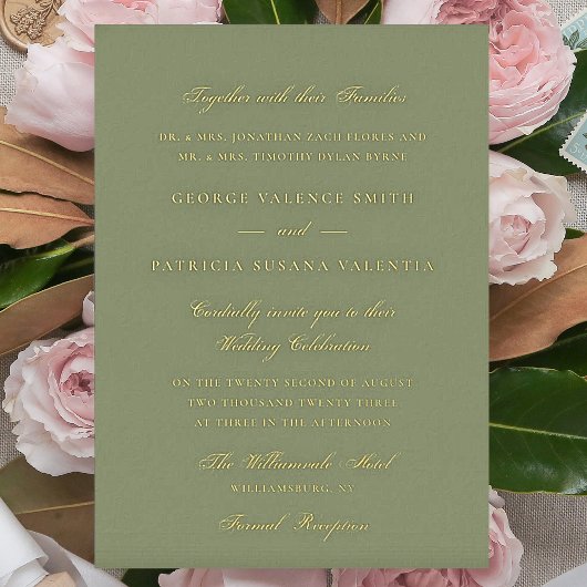Invitation En Aluminium Gold Moss Green Calligraphie Formelle Mariage élég