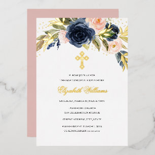 Invitation En Aluminium Gold Navy Blush Floral Girl Baptism
