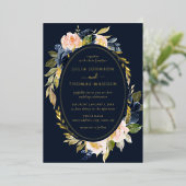 Invitation En Aluminium Gold Navy Blush Mariage Floral Foliing (Debout devant)