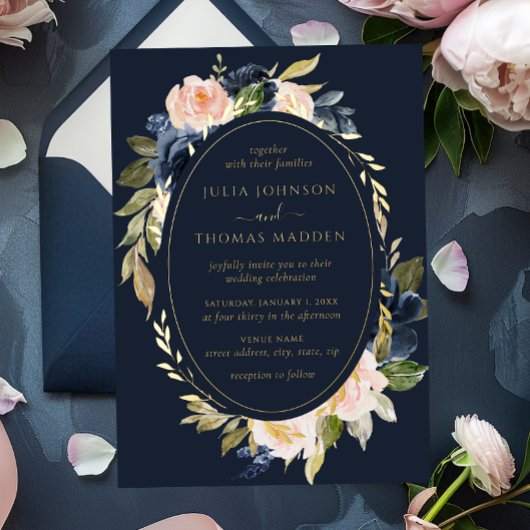 Invitation En Aluminium Gold Navy Blush Mariage Floral Foliing