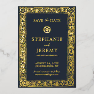 Invitation En Aluminium Gold Navy Botanical Floral Enregistrer la date