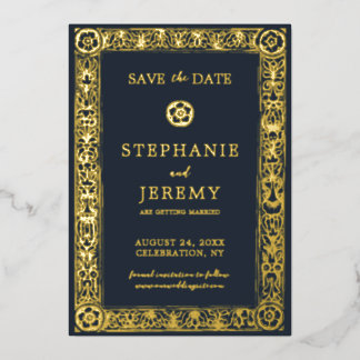 Invitation En Aluminium Gold Navy Botanical Floral Enregistrer la date