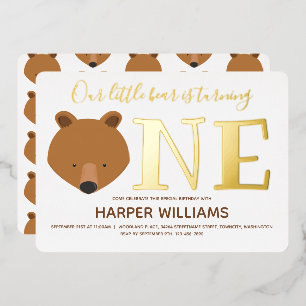 Invitation En Aluminium Gold One Animal Bear Premier anniversaire