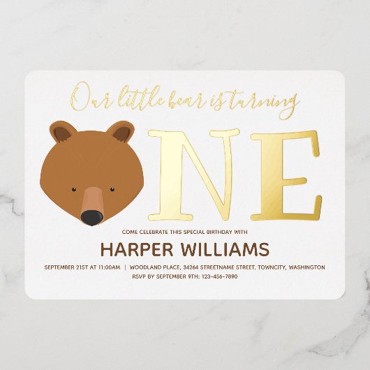 Invitation En Aluminium Gold One Animal Bear Premier anniversaire (Recto)