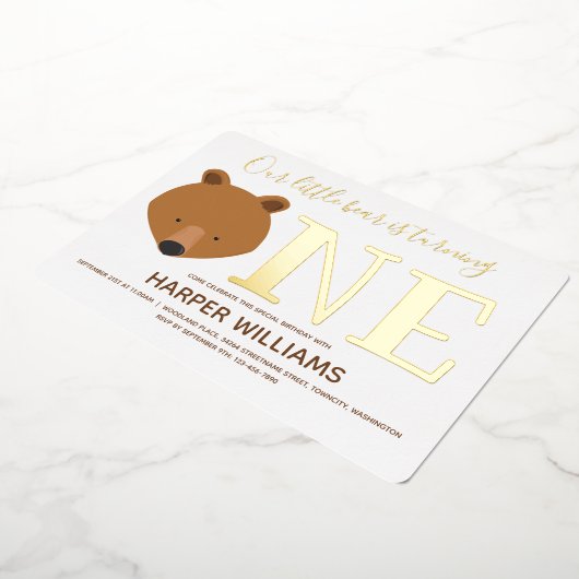 Invitation En Aluminium Gold One Animal Bear Premier anniversaire (Rotation)