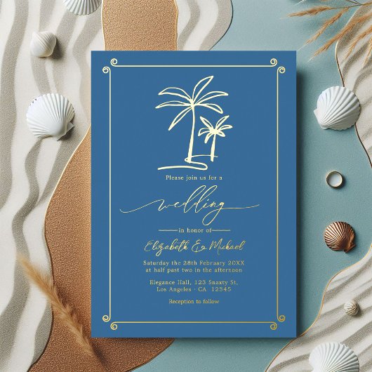 Invitation En Aluminium Gold Palm Tree Coastal Chic Mariage