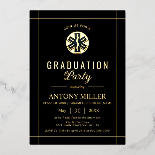Invitation En Aluminium Gold paramedic EMT Class Of 2025 black graduation (Recto)