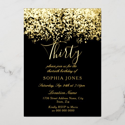 Invitation En Aluminium Gold Parties scintillant Black 30th Birthday Party (Recto)