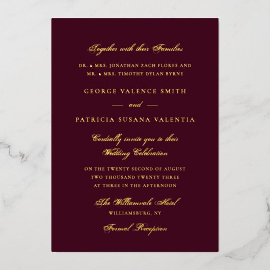 Invitation En Aluminium Gold Plum Maroon Mariage de calligraphie officiel (Recto)