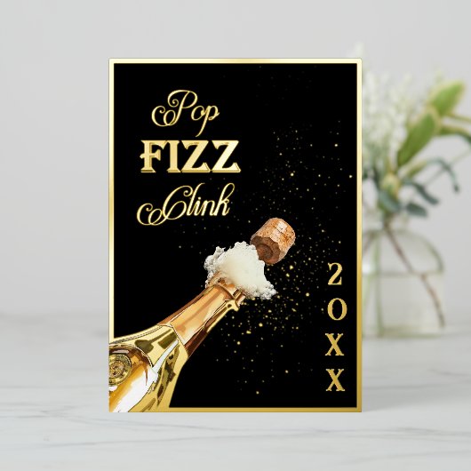 Invitation En Aluminium Gold Pop Fizz Clink New Years Eve Party (Debout devant)