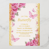 Invitation En Aluminium Gold Premier Anniversaire Papillons roses (Recto)