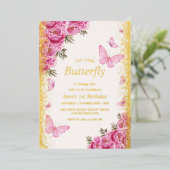 Invitation En Aluminium Gold Premier Anniversaire Papillons roses (Debout devant)