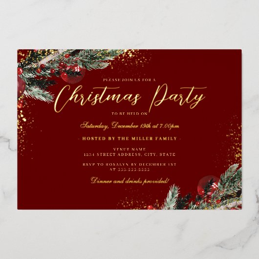 Invitation En Aluminium Gold Red Green Sparkle Foliing Noël Party (Recto)
