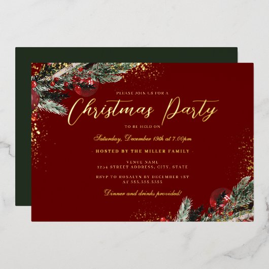 Invitation En Aluminium Gold Red Green Sparkle Foliing Noël Party (Recto/Verso)