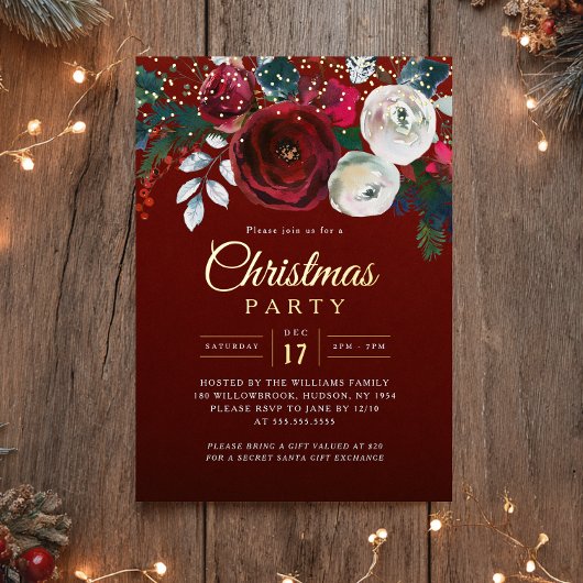 Invitation En Aluminium Gold Red Sparkle Festive Foliage Christmas Party