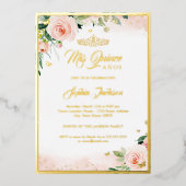 Invitation En Aluminium Gold rose Floral photo Quinceanera Anniversaire (Recto)