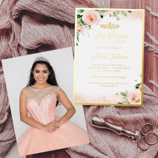 Invitation En Aluminium Gold rose Floral photo Quinceanera Anniversaire