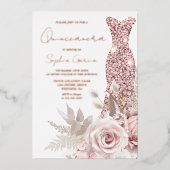 Invitation En Aluminium Gold rose, Robe rose pâle Quinceanera Real (Recto)