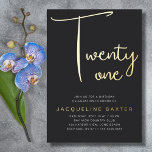 Invitation En Aluminium Gold Script 21e fête d'anniversaire<br><div class="desc">Commencez votre fête de 21e anniversaire avec style avec ces luxueuses invitations de 21e anniversaire en écriture or noir. Parfaits pour inviter toute votre famille et vos amis à votre journée spéciale, ces élégants invitations s'assureront que tout le monde est là et prêt à célébrer. Construites à partir de matériel...</div>