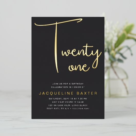 Invitation En Aluminium Gold Script 21e fête d'anniversaire (Debout devant)