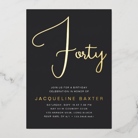 Invitation En Aluminium Gold Script 40e fête d'anniversaire (Recto)