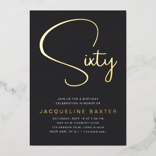 Invitation En Aluminium Gold Script 60e fête d'anniversaire (Recto)