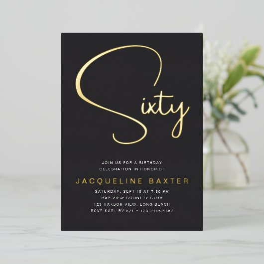 Invitation En Aluminium Gold Script 60e fête d'anniversaire (Debout devant)
