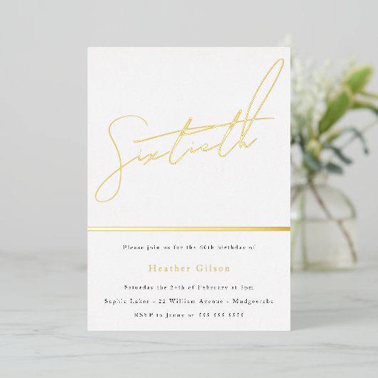Invitation En Aluminium Gold Script 60e fête d'anniversaire Golden (Debout devant)