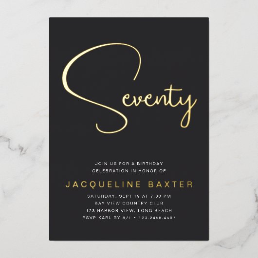 Invitation En Aluminium Gold Script 70e fête d'anniversaire (Recto)