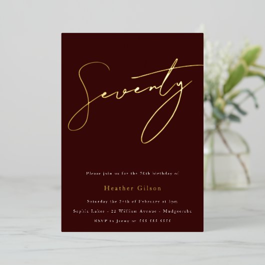 Invitation En Aluminium Gold Script 70e fête d'anniversaire Bourgogne (Debout devant)