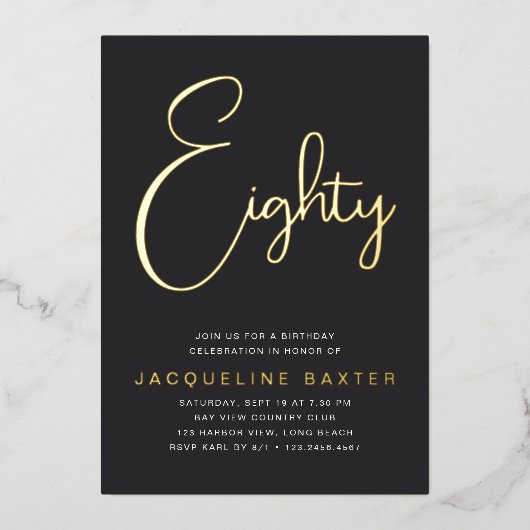 Invitation En Aluminium Gold Script 80e fête d'anniversaire (Recto)