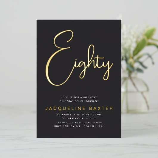 Invitation En Aluminium Gold Script 80e fête d'anniversaire (Debout devant)