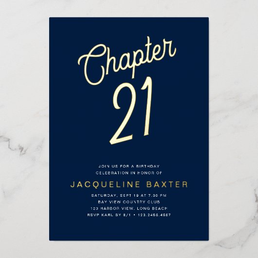 Invitation En Aluminium Gold Script Chapitre 21 Blue 21st Birthday Party (Recto)