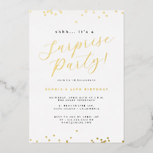 Invitation En Aluminium Gold Script Confetti Surprise Party