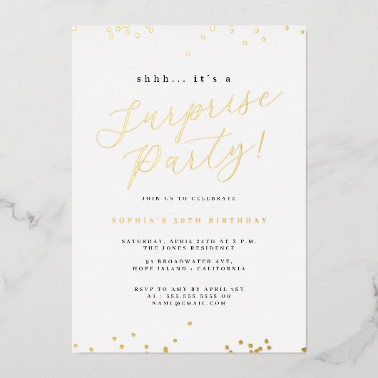 Invitation En Aluminium Gold Script Confetti Surprise Party (Recto)