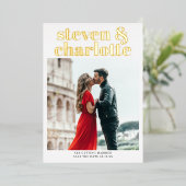 Invitation En Aluminium Gold script save the date wedding photo (Debout devant)