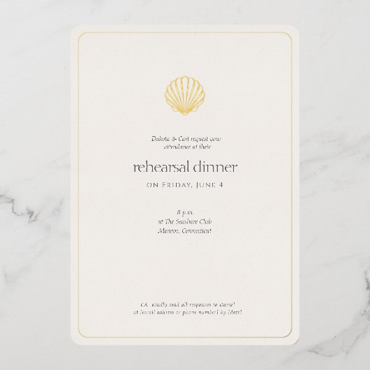 Invitation En Aluminium Gold Seashell Night Before Wedding Rehearsal (Recto)