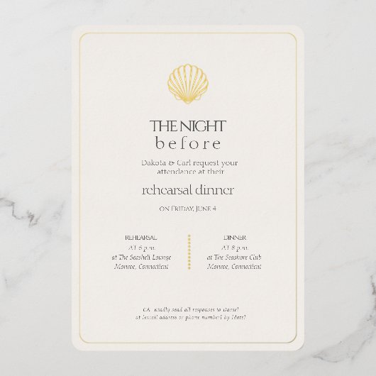 Invitation En Aluminium Gold Seashell Night Before Wedding Rehearsal (Recto)
